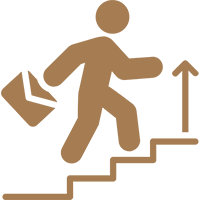 A person walking up stairs with an arrow pointing upwards.
