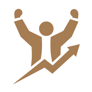 A brown pixel art icon of a person with arms raised and a graph going up.